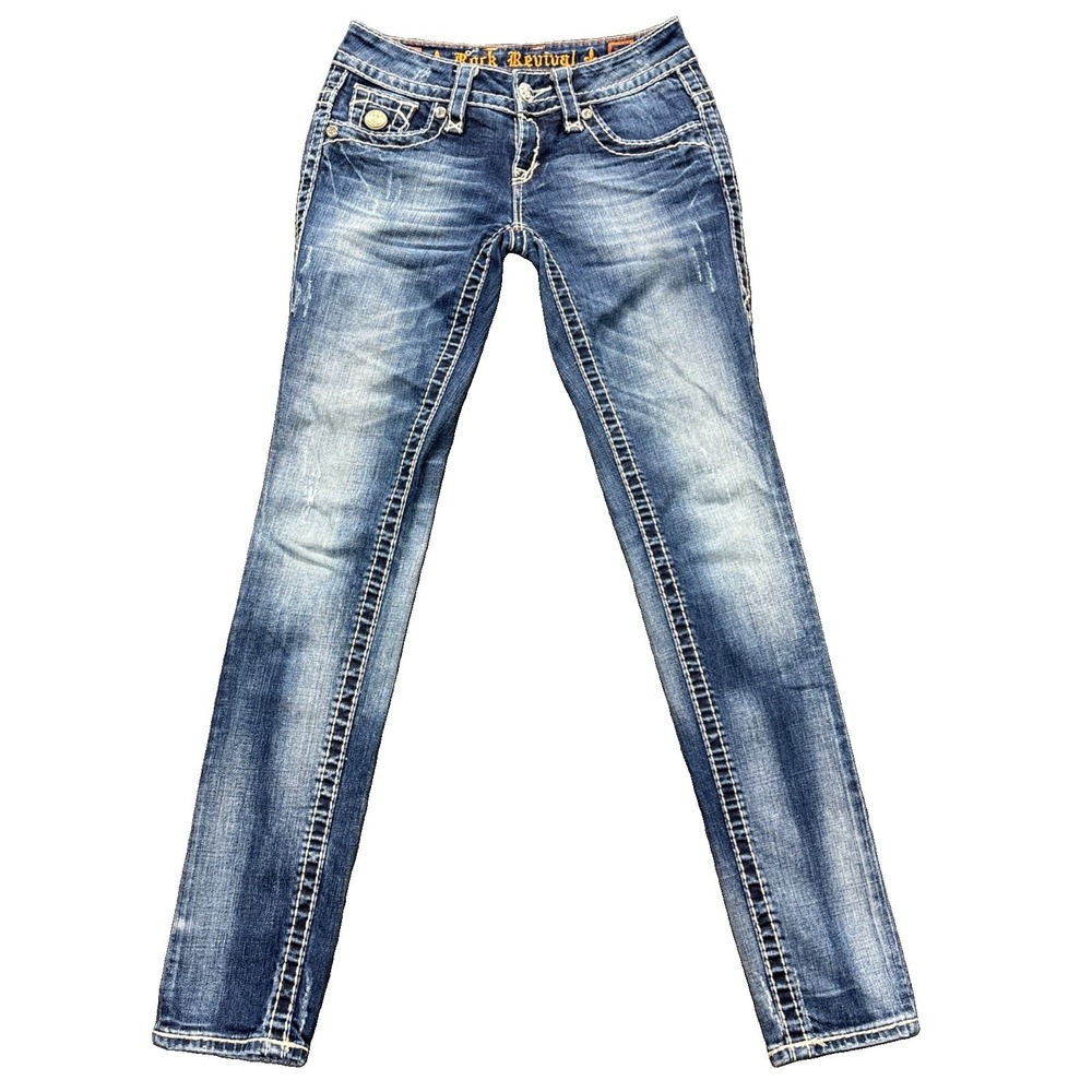 Rock Revival Jeans Womens 25 Jen Skinny Embellished Flap Pockets Distressed